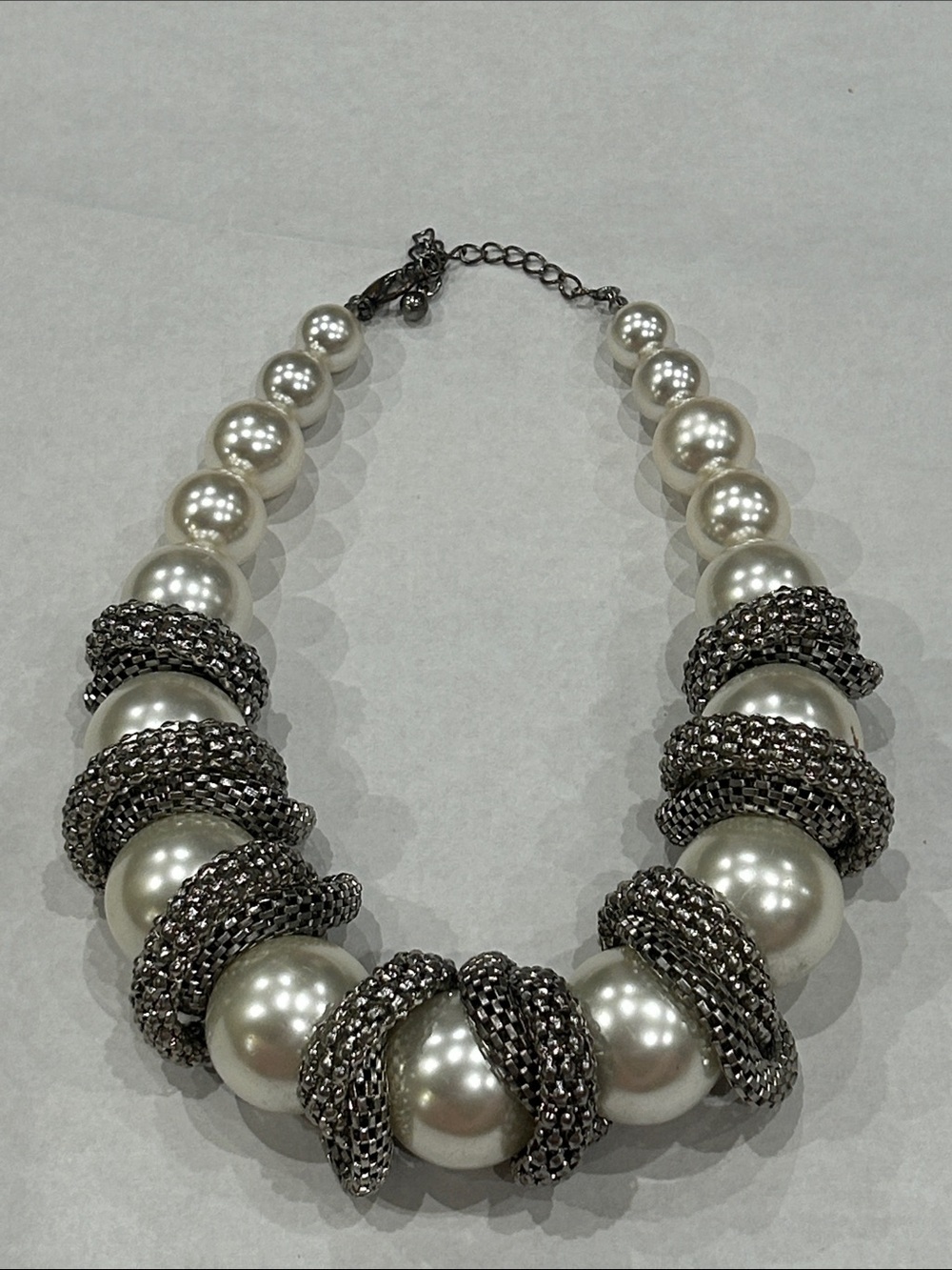 Vintage White oversized faux Pearl Necklace Gunmetal Braided Accents choker o/s
